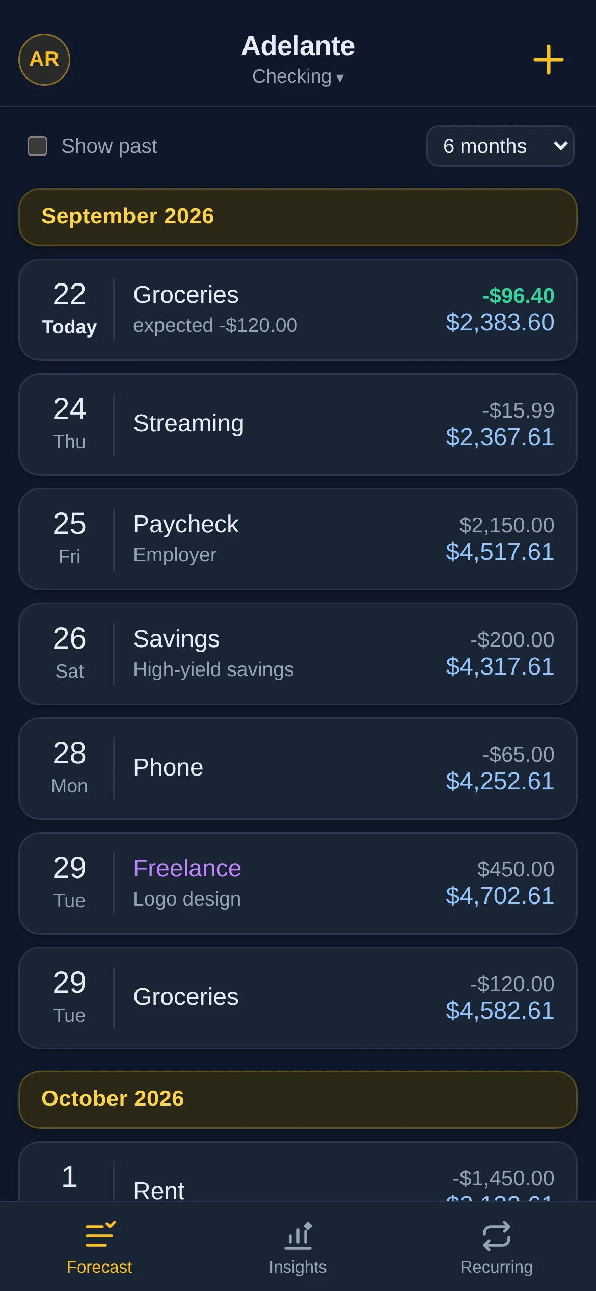 Adelante's forecast on iPhone: upcoming bills and paychecks by day, each with the running balance.